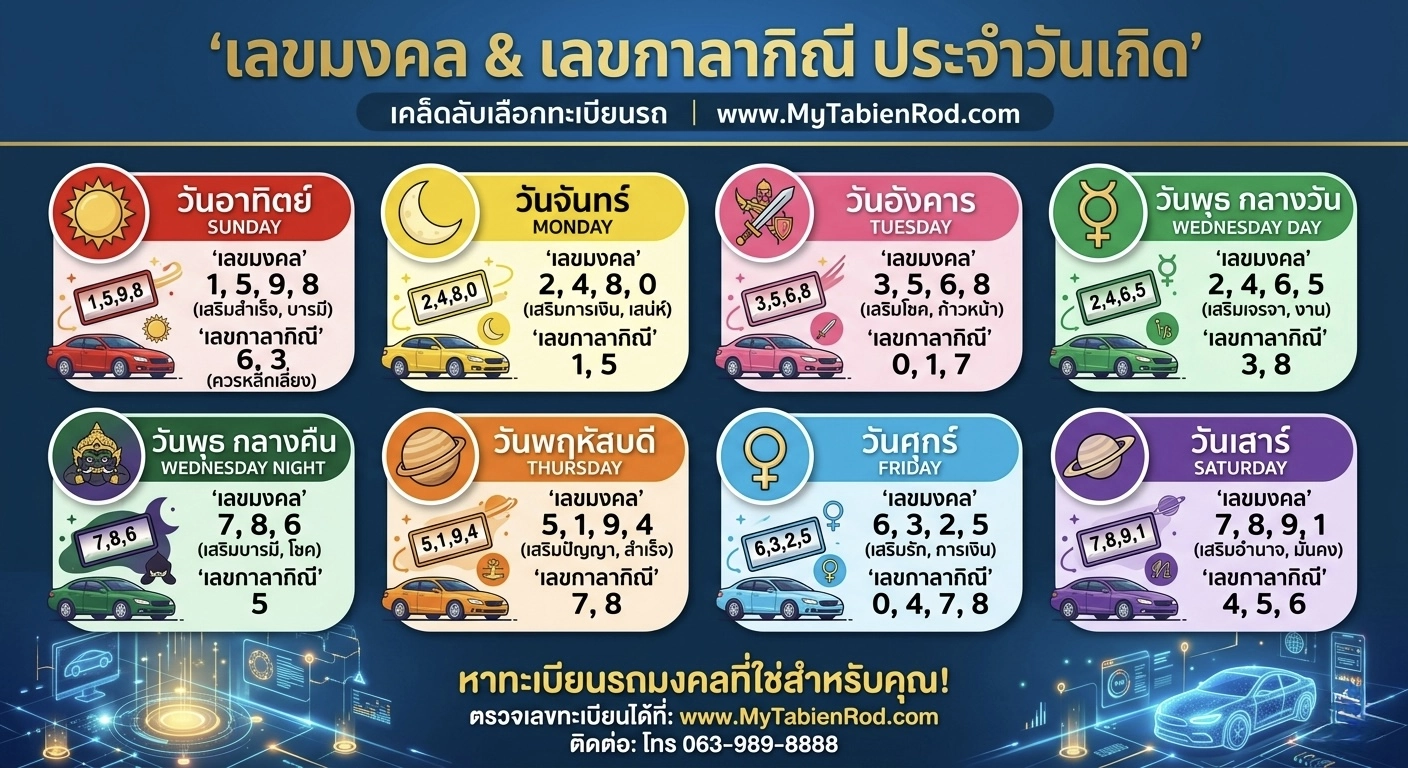 ตัวเลขกาลากิณีและเลขมงคลประจำวันเกิด เลือกทะเบียนรถอย่างไรให้เสริมดวง การเงิน และความสำเร็จ